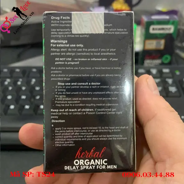 Mặt sau hộp đựng chai xịt bamboo delay Organic 5ml